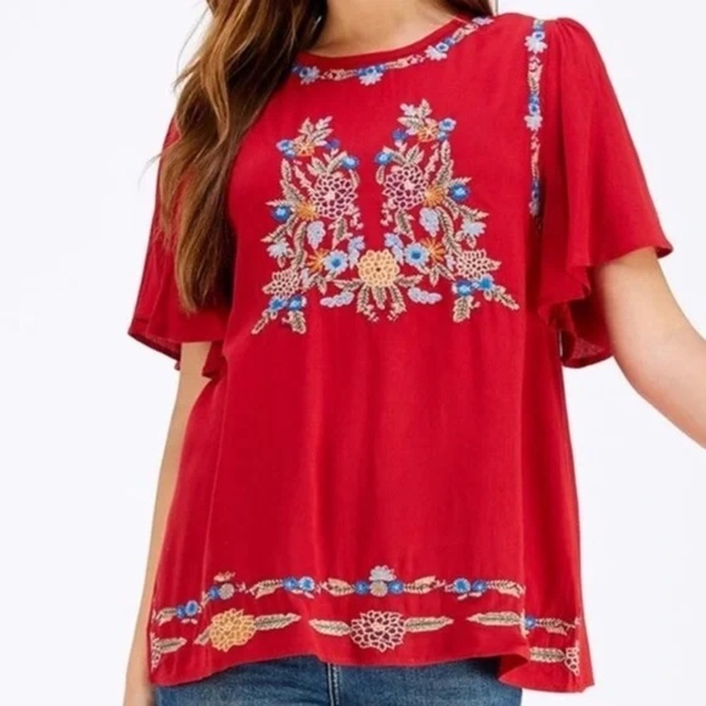 Entro Embroidered Floral Red Blouse